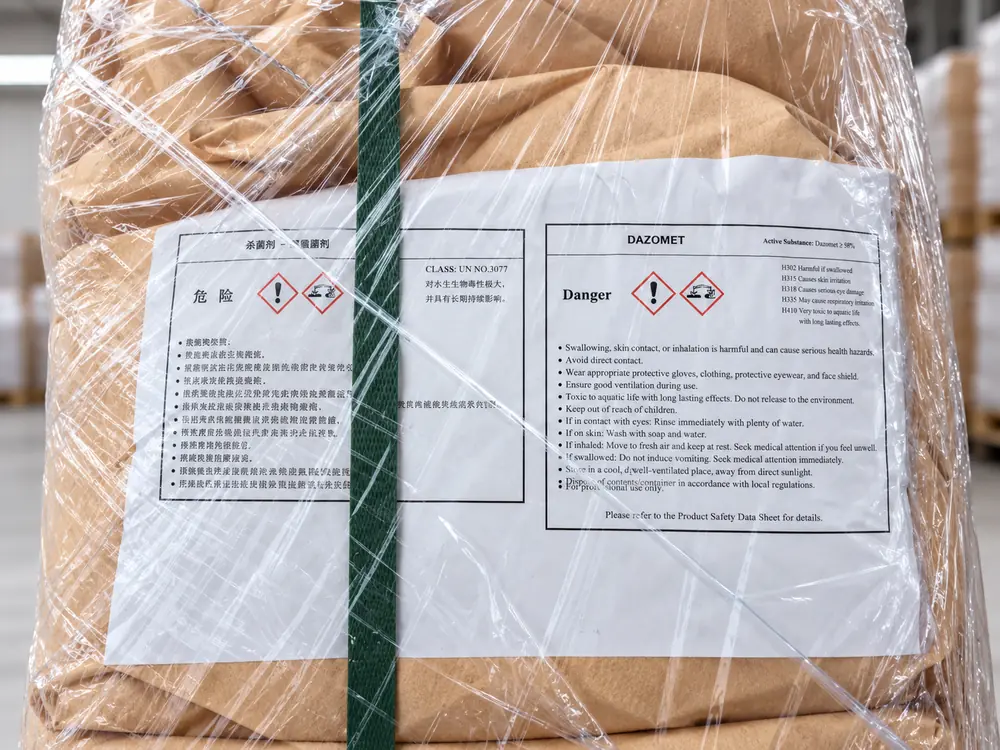 Dazomet 98% GR product label on commercial export packaging