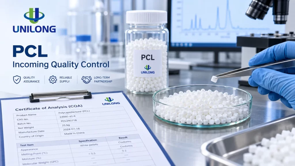 PCL incoming quality control with batch inspection, COA review and white polycaprolactone pellets